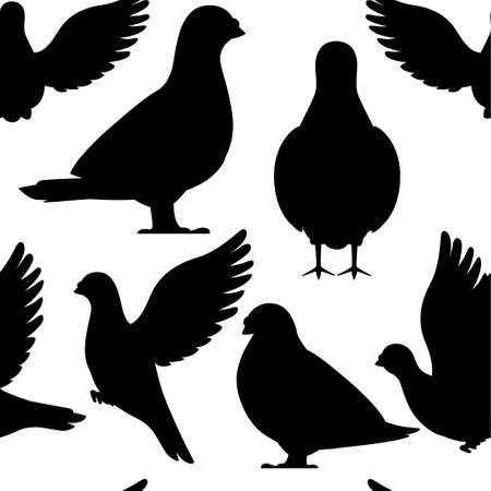Black silhouette. Icon set of Pigeon bird flying and sitting.のイラスト素材