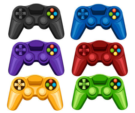 Set of colorful wireless game pads. Video game controller. Gamepad for PC or Console gaming. Flat...
