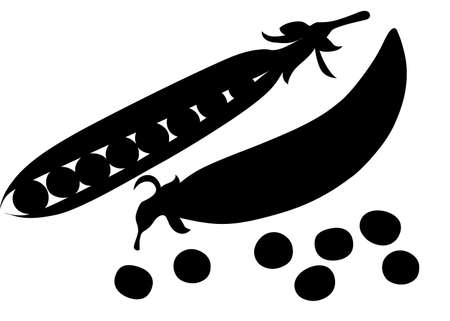 Black silhouette of green peas. Pods of green peas with leaves. Set with whole and open peas in pods. Flat vector illustration isolated on white background. Cartoon style vegetable,のイラスト素材