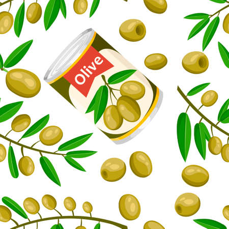 Olive in aluminum can. Canned olive with branchのイラスト素材