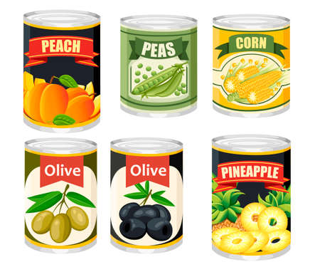 Colored icon collection Food in aluminum can. Canned fruits and olives.のイラスト素材