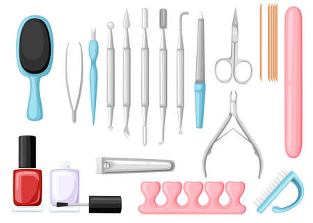 Manicure tools vector set. Colorful icon collection. Tools for beauty salon or for cosmetics bag, Flat vector illustration isolated on white background.のイラスト素材
