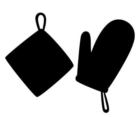 Black silhouette. Potholder and oven mitt. Protective fabric tissue cloth with square pattern. Flat vector illustration isolated on white background.のイラスト素材