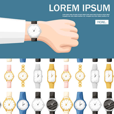 Wrist watch on hand. Set of different style and color wrist watches.のイラスト素材