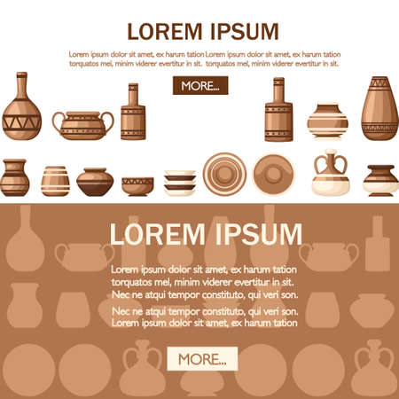 Set of clay crockery with patterns. Kitchenware dishes - plates, jugs, pots.のイラスト素材