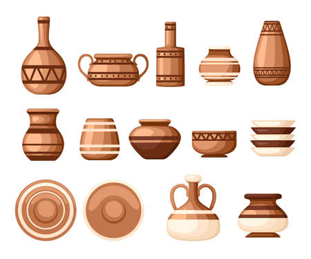Set of clay crockery with patterns. Kitchenware dishesのイラスト素材