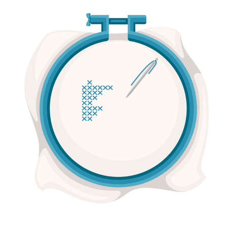 Embroidery hoop for cross-stitch sewing. Blue plastic hoop, stainless steel needle with blue thread.のイラスト素材