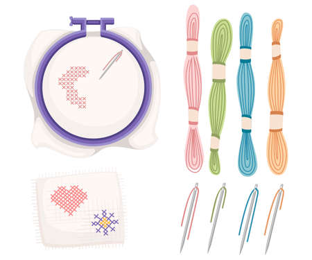 Embroidery hoop for cross-stitch sewing. Purple plastic hoop, stainless steel needle with colored threads.のイラスト素材