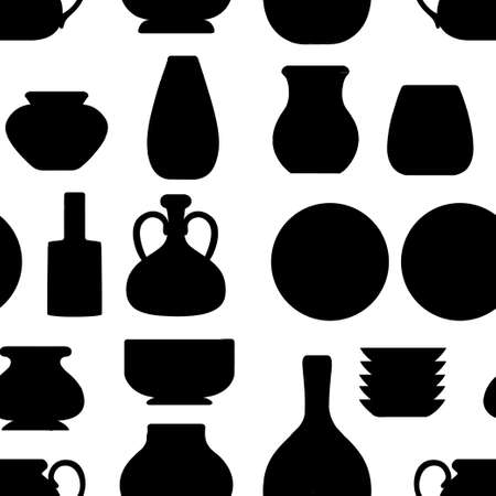 Black silhouette. Set of clay crockery. Kitchenware dishesのイラスト素材