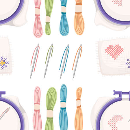 Embroidery hoop for cross-stitch sewing. Purple plastic hoop, stainless steel needle with colored threads. Handkerchief with heart.のイラスト素材