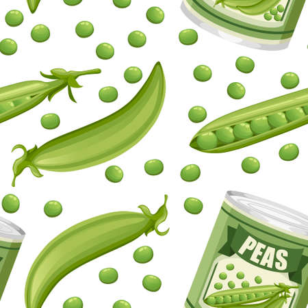 Seamless pattern. Green peas in aluminum can with pod. Canned food with peas logo. Product for supermarket and shop. Flat vector illustration on white background.のイラスト素材