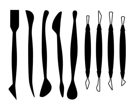 Black silhouette. Collection of sculpting tools. Set of clay modeling instrument. Wood and metal material.のイラスト素材