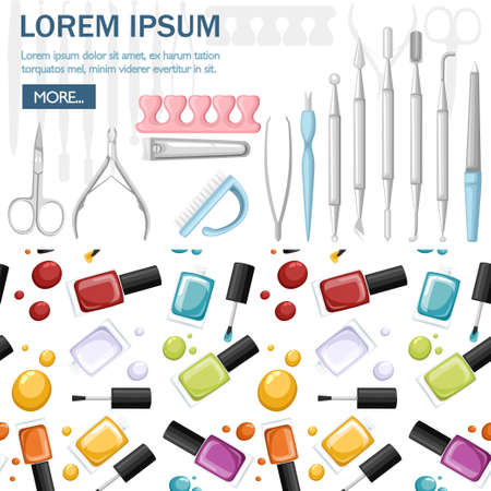 Manicure tools vector set with nail polish bottle pattern. Colorful icon collection. Tools for beauty salon or for cosmetics bag, Flat vector illustration on white background.のイラスト素材