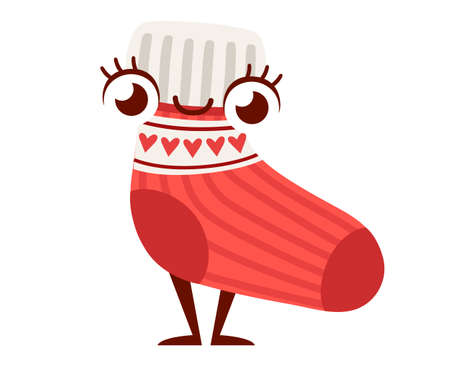 Red wool knitted sock mascot. Cartoon character design. Sock with lines pattern. Flat vector illustration isolated on white background.のイラスト素材