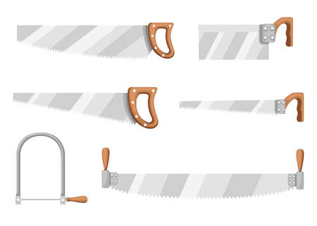Handsaw collection. Saw with wooden handle. Crosscut hand saw with long steel blade. Tool for cutting wood. Flat vector illustration isolated on white background.のイラスト素材