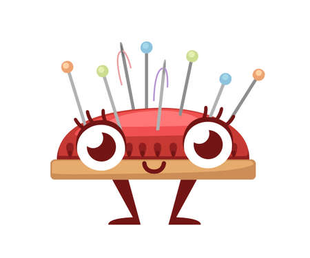 Red needle pad with colored needles. Cartoon character design. Sewing item mascot. Flat vector illustration isolated on white background.のイラスト素材