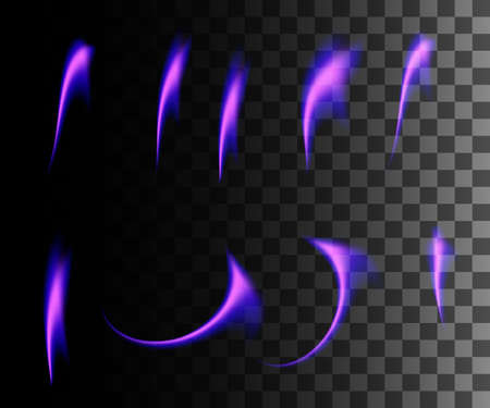 Glowing light. Abstract purple effect. Golden vector light effects with particles decoration isolated on the transparent background. Spinning circle with bright leaves.のイラスト素材