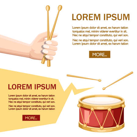 Red drum and wooden drum sticks. Hand hold drumsticks. Musical instrument, drum machine. Flat vector illustration on white background. Place for text, red button. Website and mobile app concept.のイラスト素材
