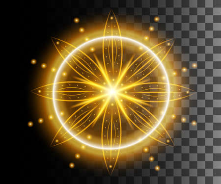 Glowing light. Abstract yellow effect. Golden vector light effects with particles decoration isolated on the transparent background. Spinning circle with bright leaves.のイラスト素材
