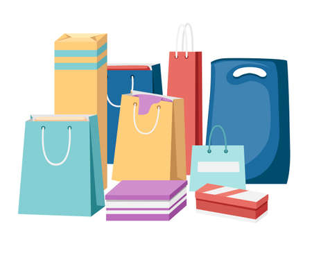 Colorful shopping paper bags. Full shopping bags, discount concept. Bags for clothes. Flat vector illustration isolated on white background.のイラスト素材