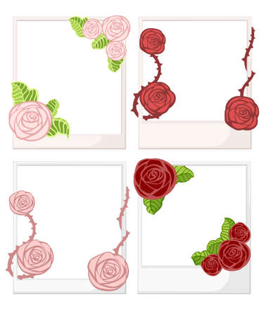 White photo frame with roses with leaves and thorns.のイラスト素材