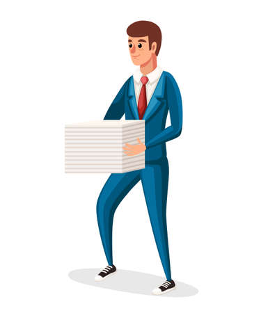 Businessman holding a stack of papers. Blue classic costume with red tie. Flat vector illustration isolated on white background. Cartoon character design.のイラスト素材