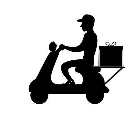 Black silhouette. Delivery man on scooter. Food courier. Man with baseball cap. Flat vector illustration isolated on white background.のイラスト素材