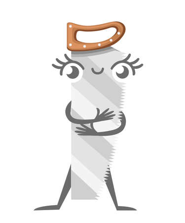 Saw with wooden handle, mascot. Cartoon character design. Crosscut hand saw with long steel blade. Tool for cutting wood. Flat vector illustration isolated on white background.のイラスト素材