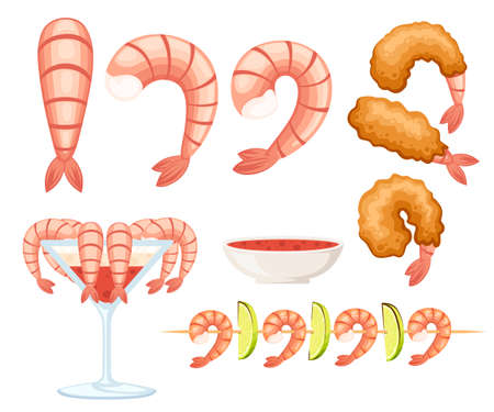 Fried shrimp in batter, boiled and kebab shrimp. Sauce for seafood. Tasty restaurant food. Flat vector illustration isolated on white background.のイラスト素材