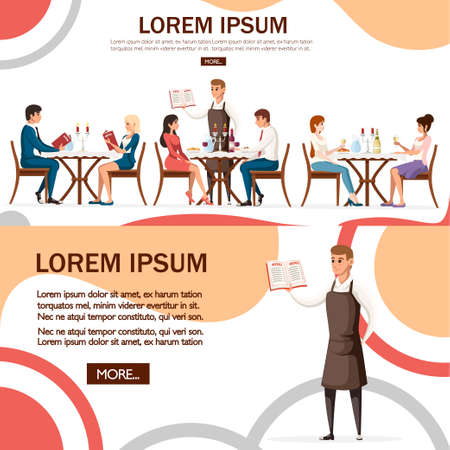 Man and woman on date in restaurant, waiter with menu. Table with red wine bottle, candelabra and italian pasta. Cartoon character design. Flat vector illustration on white background.のイラスト素材