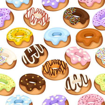 Seamless pattern. Set of cartoon colorful donuts. Dessert with cream. Flat vector illustration on white background. Sweet sugar icing donuts.のイラスト素材