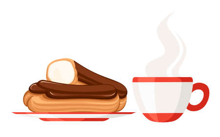 Sweet and yummy cream eclair dessert with tea cup. Choux pastry filled with cream. Flat vector...