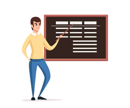 Man in casual clothing stay at blackboard and hold a pointer in hand. Cartoon character design. Flat vector illustration isolated on white background.のイラスト素材