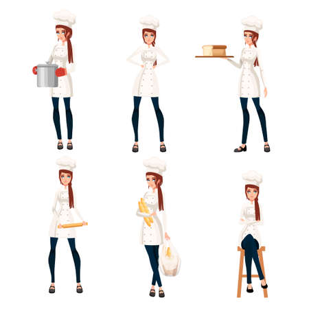 Beautiful women chef with brown hair collection. Bakery young female chef. Cartoon character design. Flat vector illustration isolated on white background.のイラスト素材