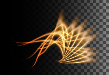 Glowing light. Abstract yellow effect. Golden vector light effects with particles decoration isolated on the transparent background. Spinning circle with bright leaves.のイラスト素材