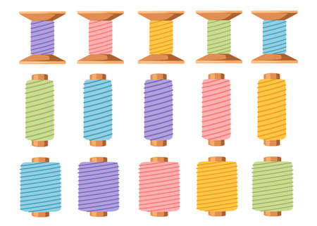 Set of wooden thread spools. Equipment for sewing and tailoring. Accessory for needlework. Flat vector illustration isolated on white background.のイラスト素材