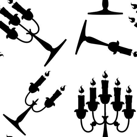 Seamless pattern. Black silhouette. Candles in candlesticks set. Silver candelabra with red burning candles. Flat vector illustration on white background.のイラスト素材