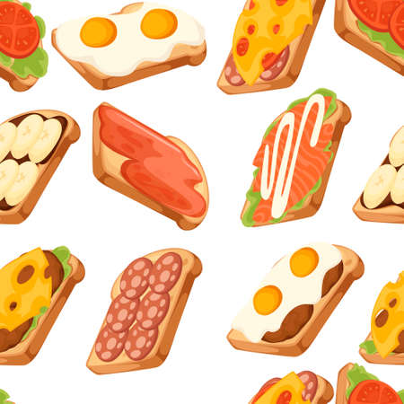 Seamless pattern. Various icon collection of meat and vegetable sandwiches. One piece of bread. Sweet tasty breakfast or fast food. Flat vector illustration on white background.のイラスト素材