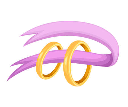 Golden weddings rings with pink ribbon. Golden jewelry. Flat vector illustration isolated on white background.のイラスト素材