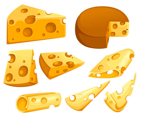 Cheese slices collection. Triangular piece of cheese. Dairy milk product icon set. Flat vector illustration isolated on white background.のイラスト素材