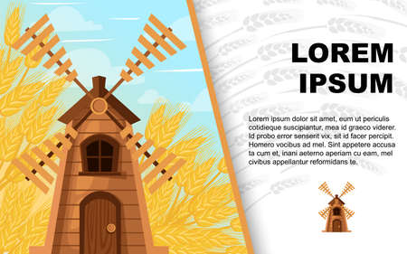 Wooden classic windmill and wheat background. Wooden building in rural scene. Flat vector illustration. Greetings card for advertising design.のイラスト素材