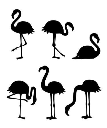 Black silhouette. Cute cartoon peach pink flamingo set. Funny flamingo collection. Cartoon animal character design. Flat vector illustration isolated on white background.のイラスト素材