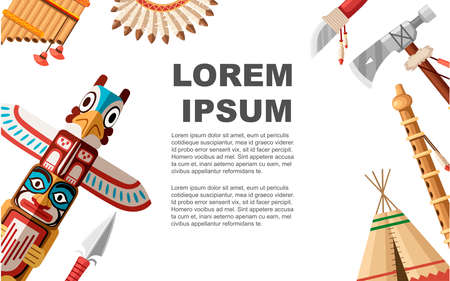 Group of indian weapon, tent and totem.のイラスト素材