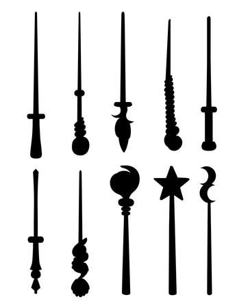 Black silhouette. Magic wand set. Fantasy staff collection. Magical equipment for games or cartoons. Flat vector illustration isolated on white background.のイラスト素材