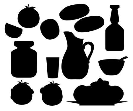 Black silhouette. Collection of tomato products and dishes.のイラスト素材
