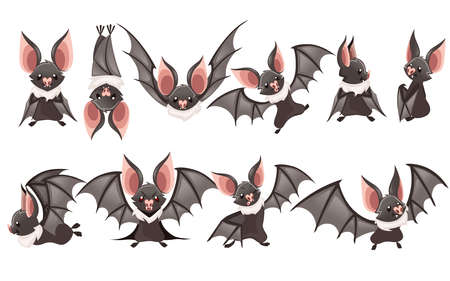 Set of Cartoon bat. Cute vampire bat, flying mammal.