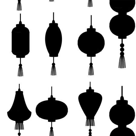 Black silhouette. Seamless pattern. Chinese lanterns in different shapeのイラスト素材