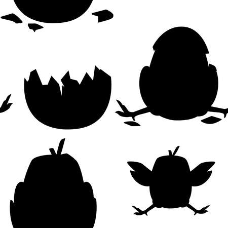 Black silhouette. Seamless pattern of cute little cartoon chick with hat from egg shell and without cartoon character designのイラスト素材