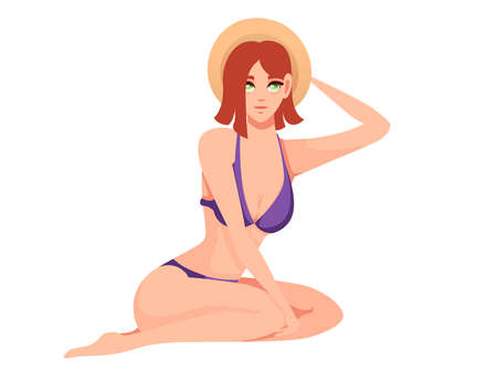 Beautiful women in purple swimsuit with summer hat sitting cartoon character designのイラスト素材