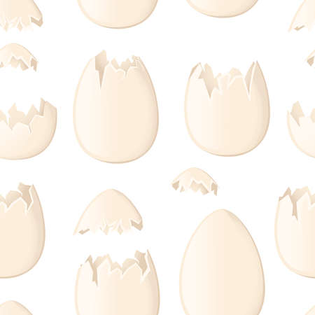 Seamless pattern of white egg shells whole and cracked or broken shells